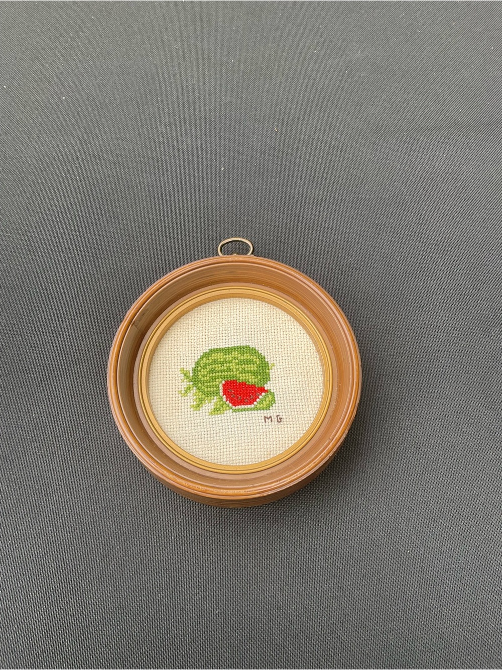 Vintage Needlepoint Watermelon Cross-Stitch in Round Frame 4.5” x 1”